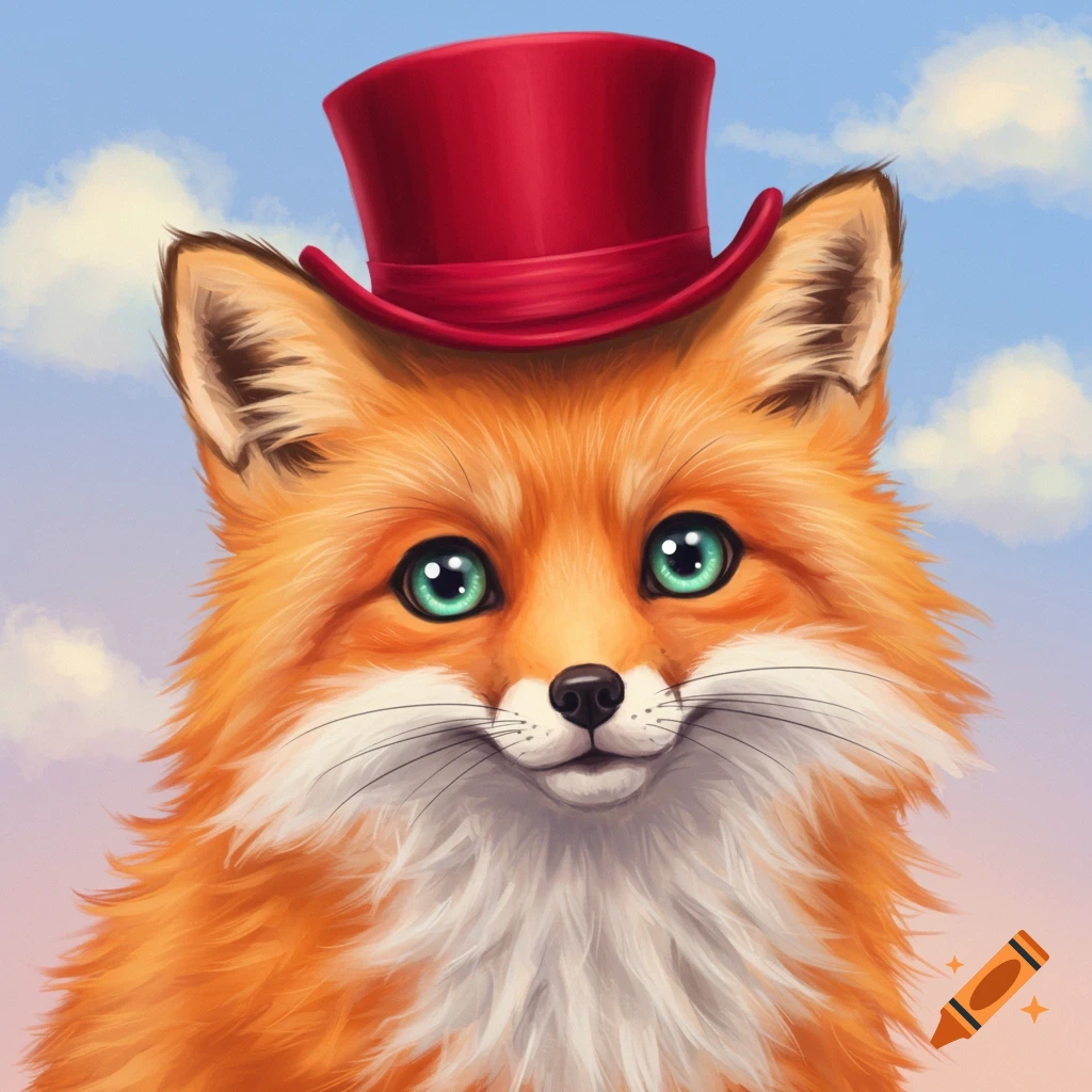 Close-up digital painting of a cute fox wearing a red top hat.