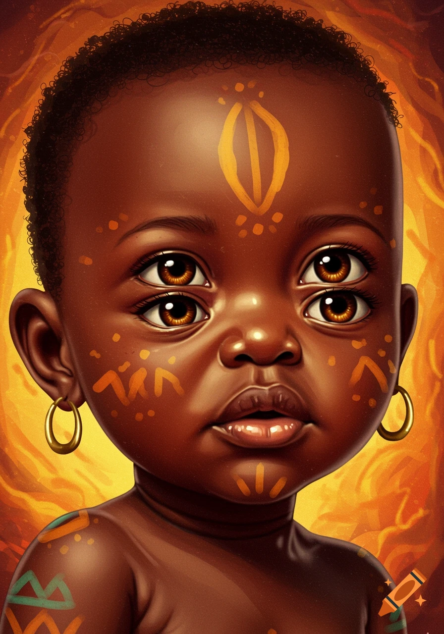 Stylized portrait of a baby with dark skin, tribal markings, multiple eyes, and gold earrings.