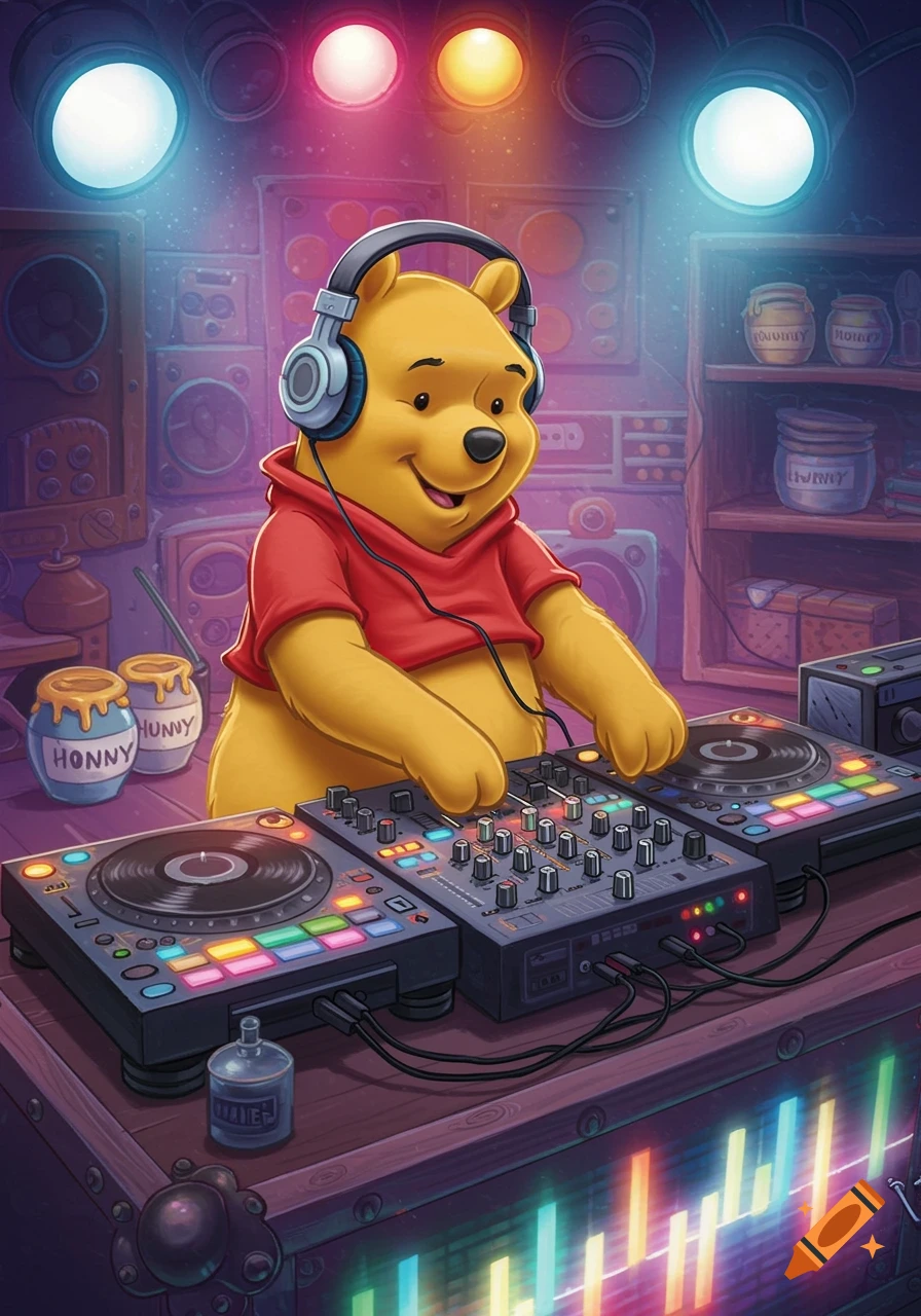 Winnie the Pooh wearing headphones and DJing on turnables and a mixer in a music studio with bright lights and honey pots.
