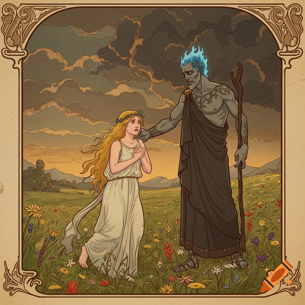 Vintage illustration of a distressed woman and a man with blue hair in a field of flowers under stormy skies.