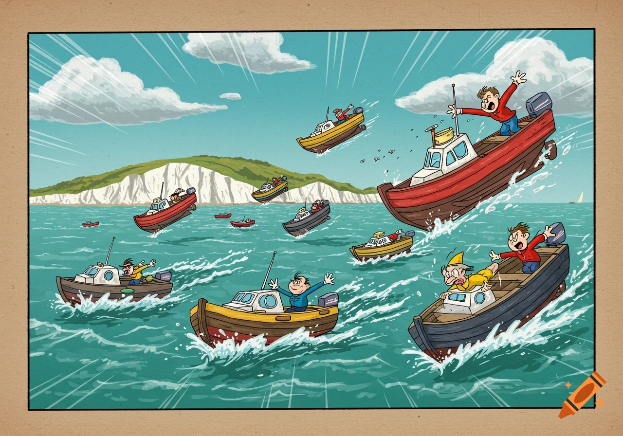 A cartoon shows multiple dinghy boats flying out of the choppy sea near white cliffs, with excited people onboard.