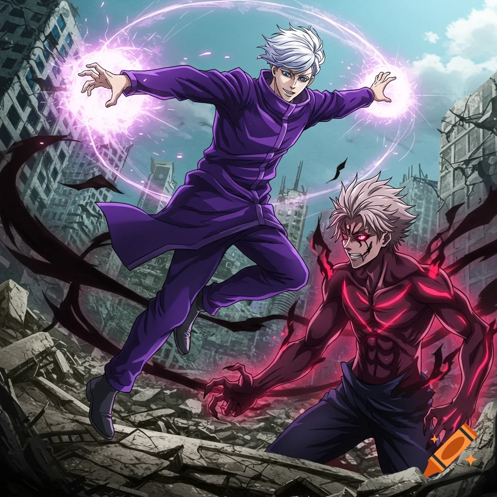 Anime battle between characters with energy powers in a destroyed city