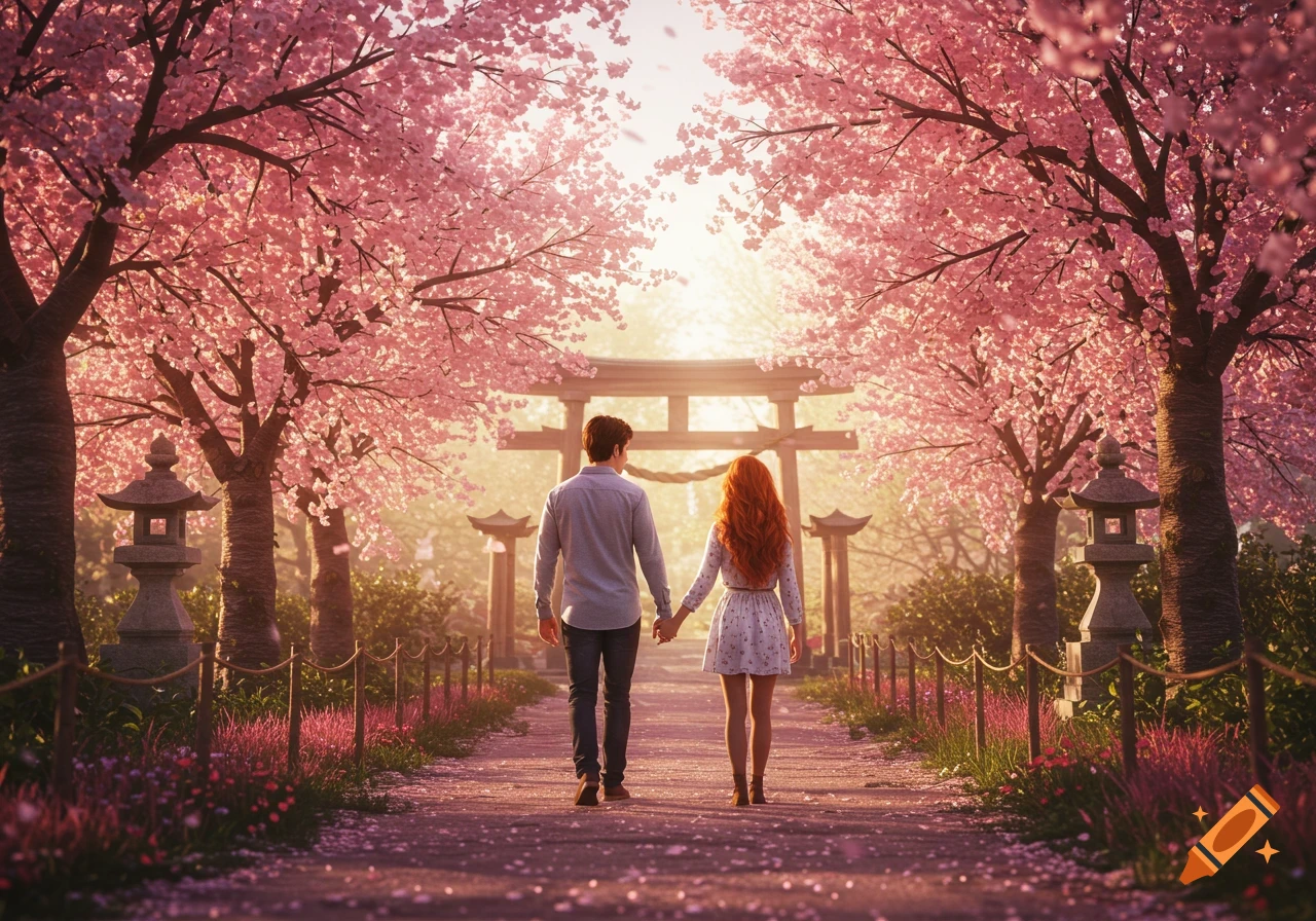 A couple walks hand-in-hand down a path lined with cherry blossom trees toward a torii gate in the distance. Realistic style.