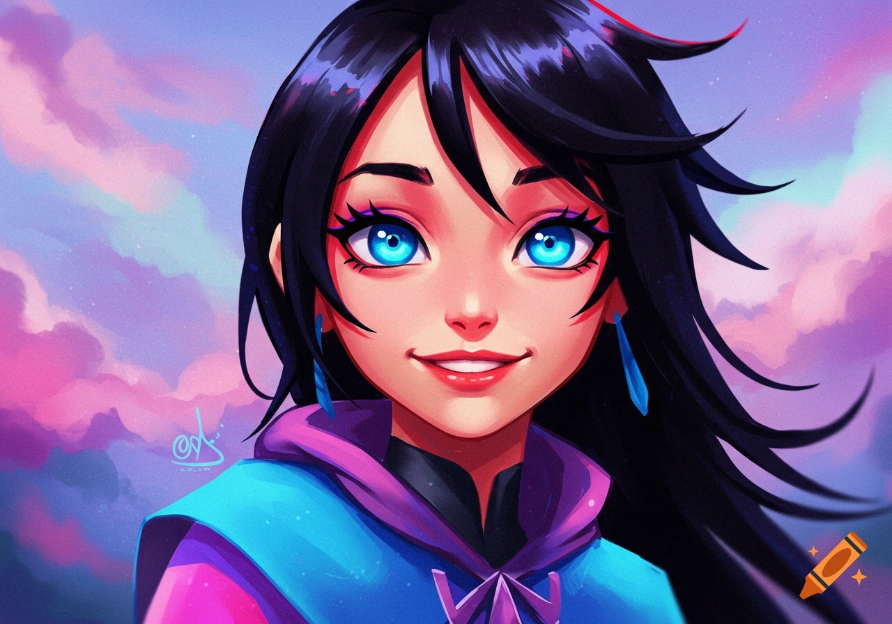 Stylized portrait of a young woman with blue eyes and black hair ...