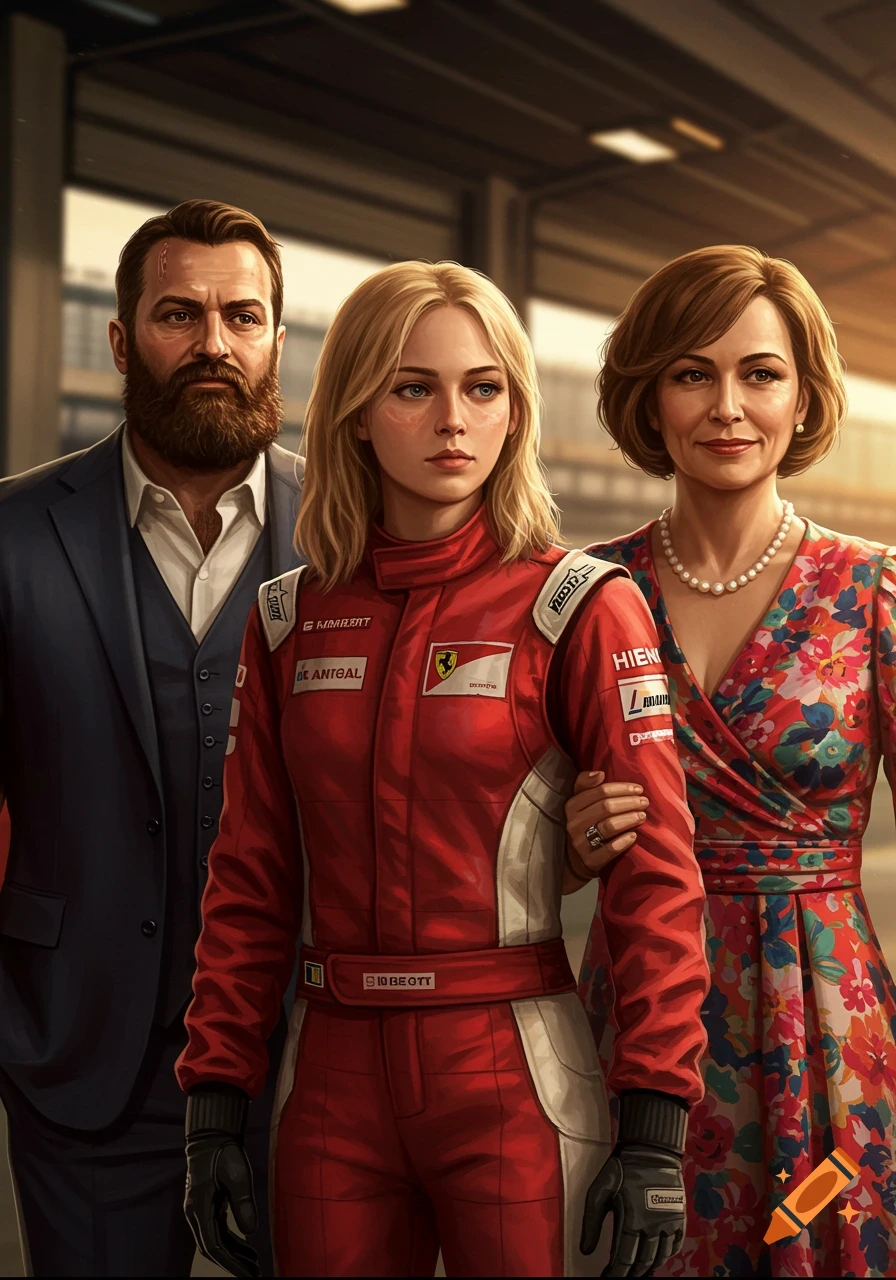 Portrait of a young woman in a red race suit standing with a man in a suit and a woman in a floral dress, cinematic style.