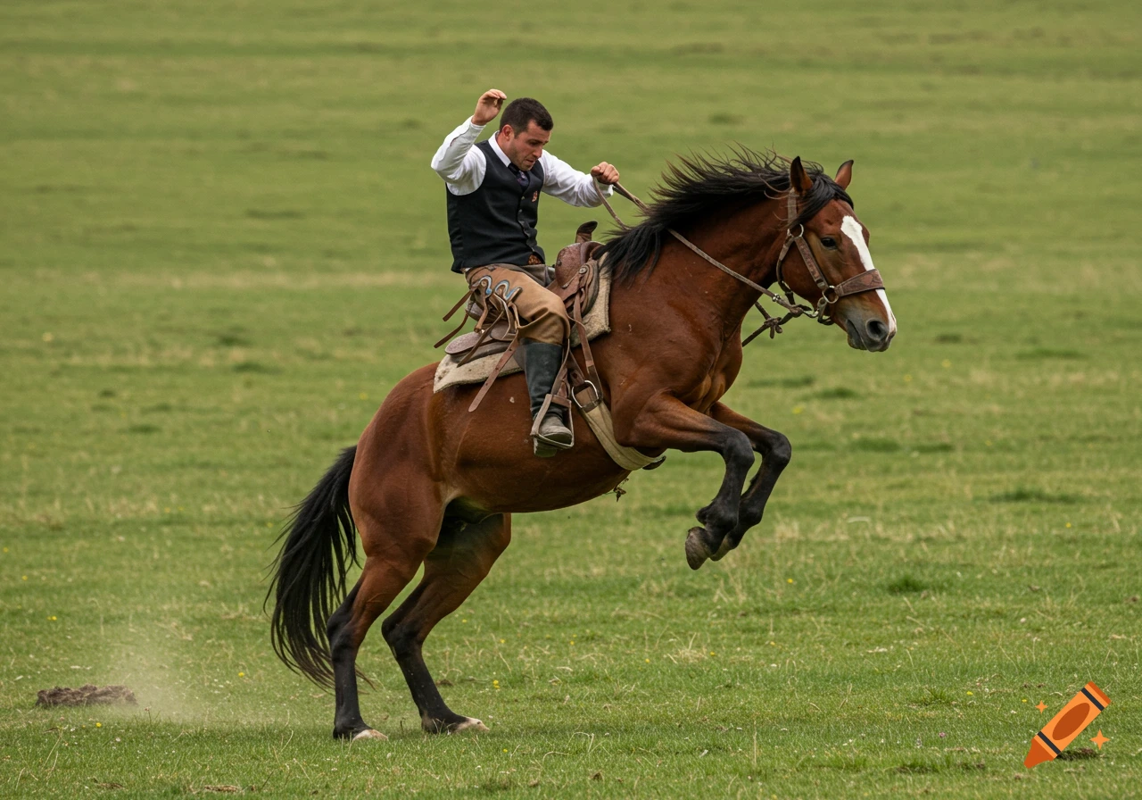 Man riding a bucking horse in a green field