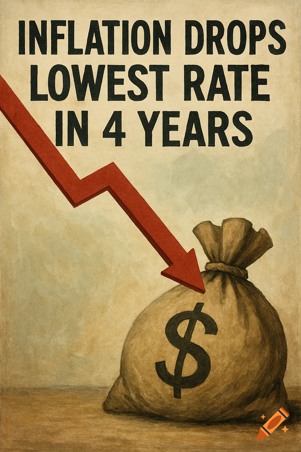 Illustration of a money bag with dollar sign and red downward arrow, with text 'INFLATION DROPS LOWEST RATE IN 4 YEARS'