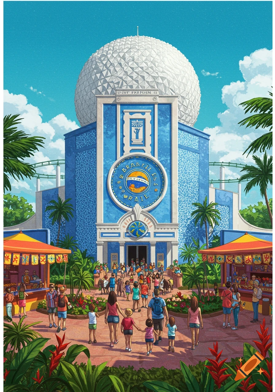Illustration of a theme park pavilion resembling Epcot, a blue building with a geodesic dome and Brazil label, surrounded by visitors and market stalls.