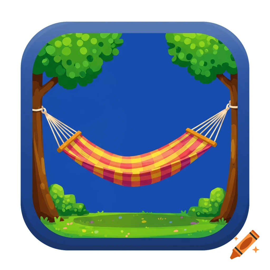 Cartoon illustration of a hammock hanging between trees against a blue background