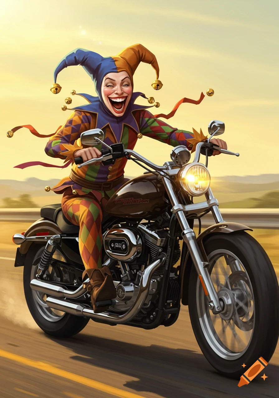 Illustration of a grinning jester in colorful clothes riding a motorcycle