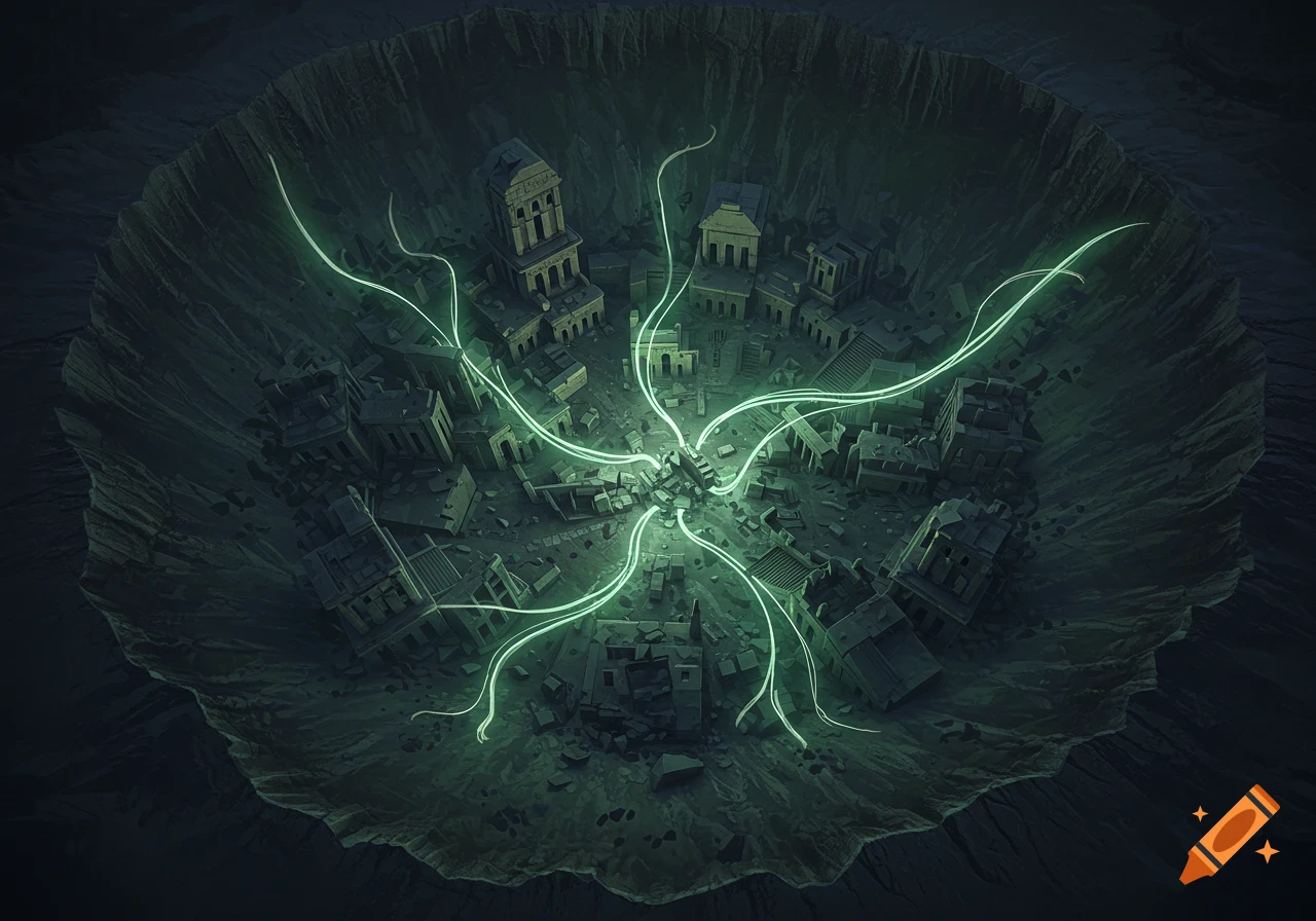 Aerial view of ancient ruined city in a crater with glowing lines flowing through it.
