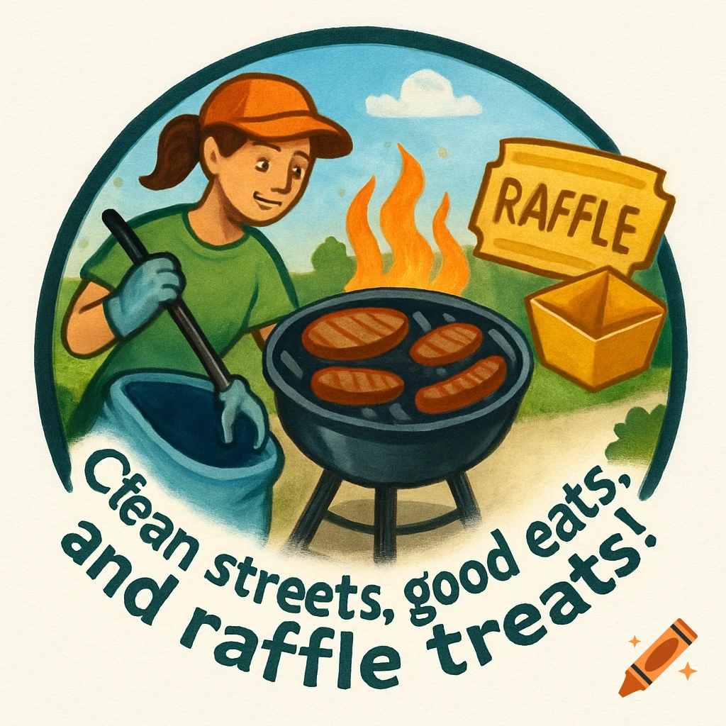 Illustration of person cleaning & grilling at a community event with text "Clean streets, good eats, and raffle treats!"