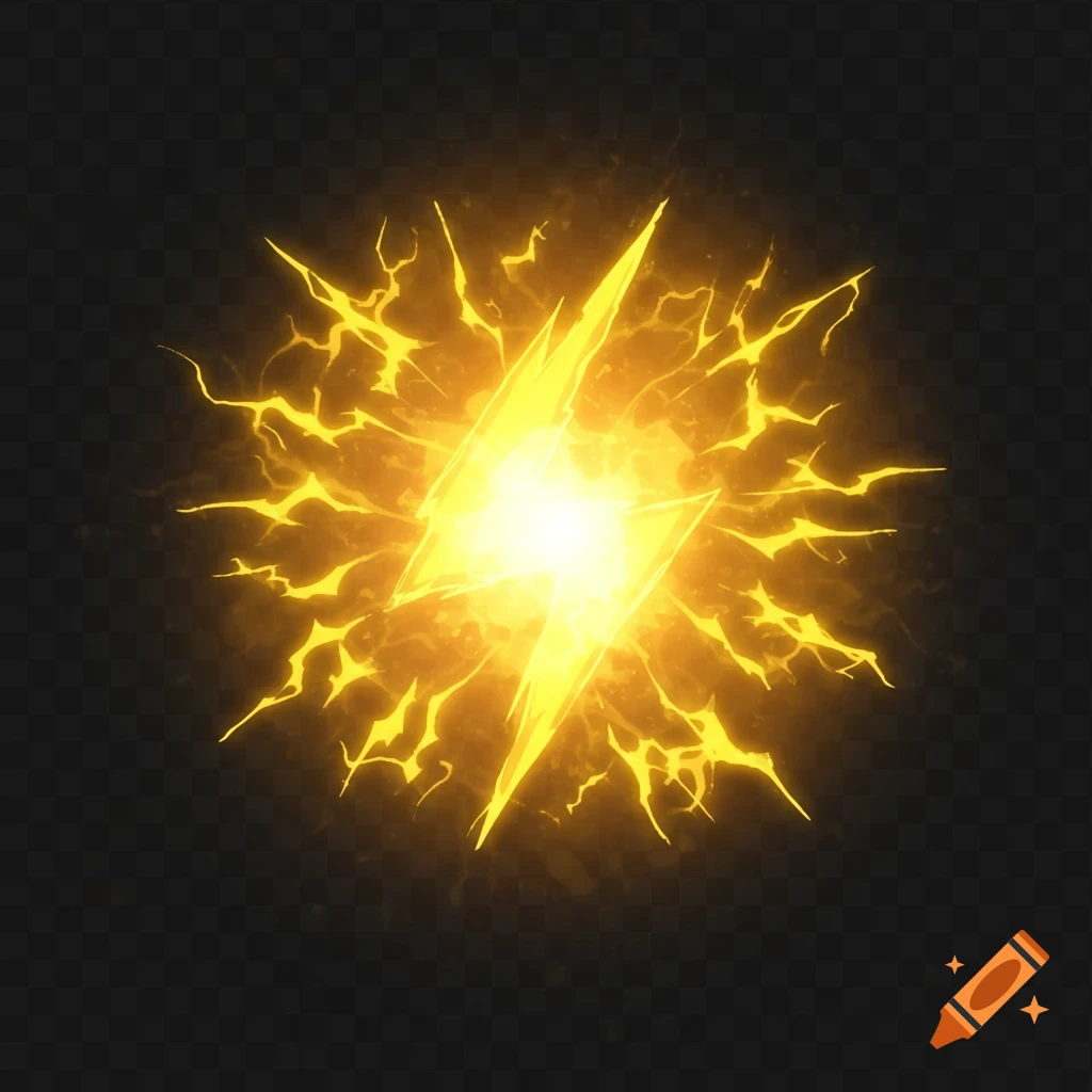 A bright yellow lightning bolt graphic with radiating tendrils of electricity on a transparent background.