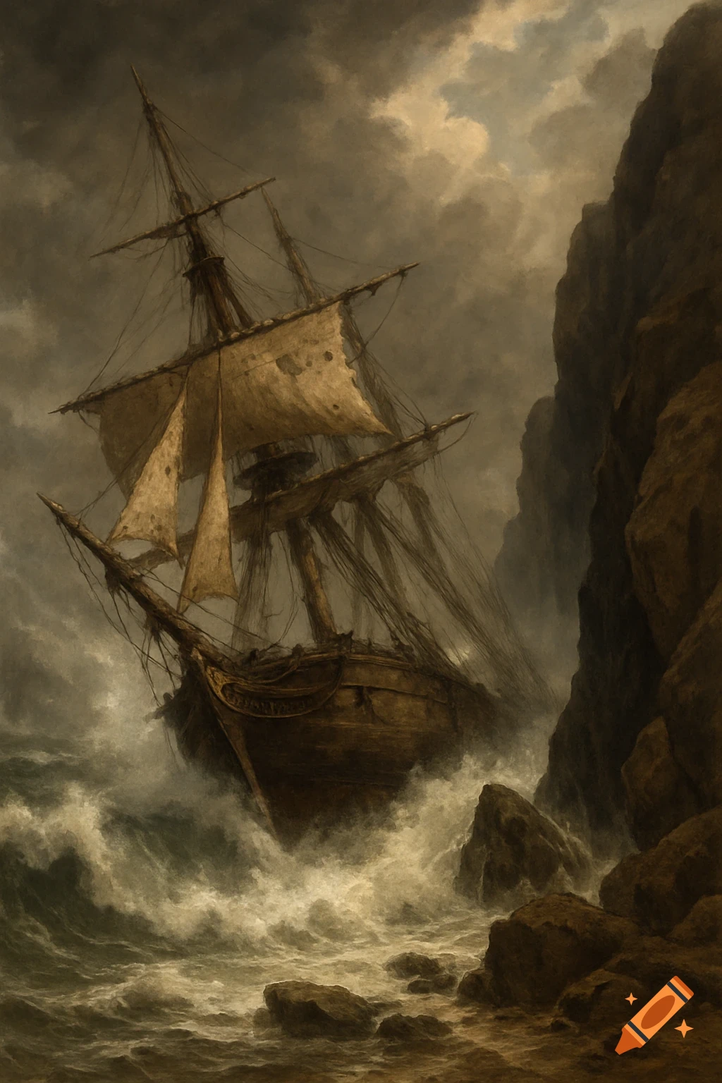 A ship is tossed on stormy seas near rocky cliffs in a dark, dramatic painting style.