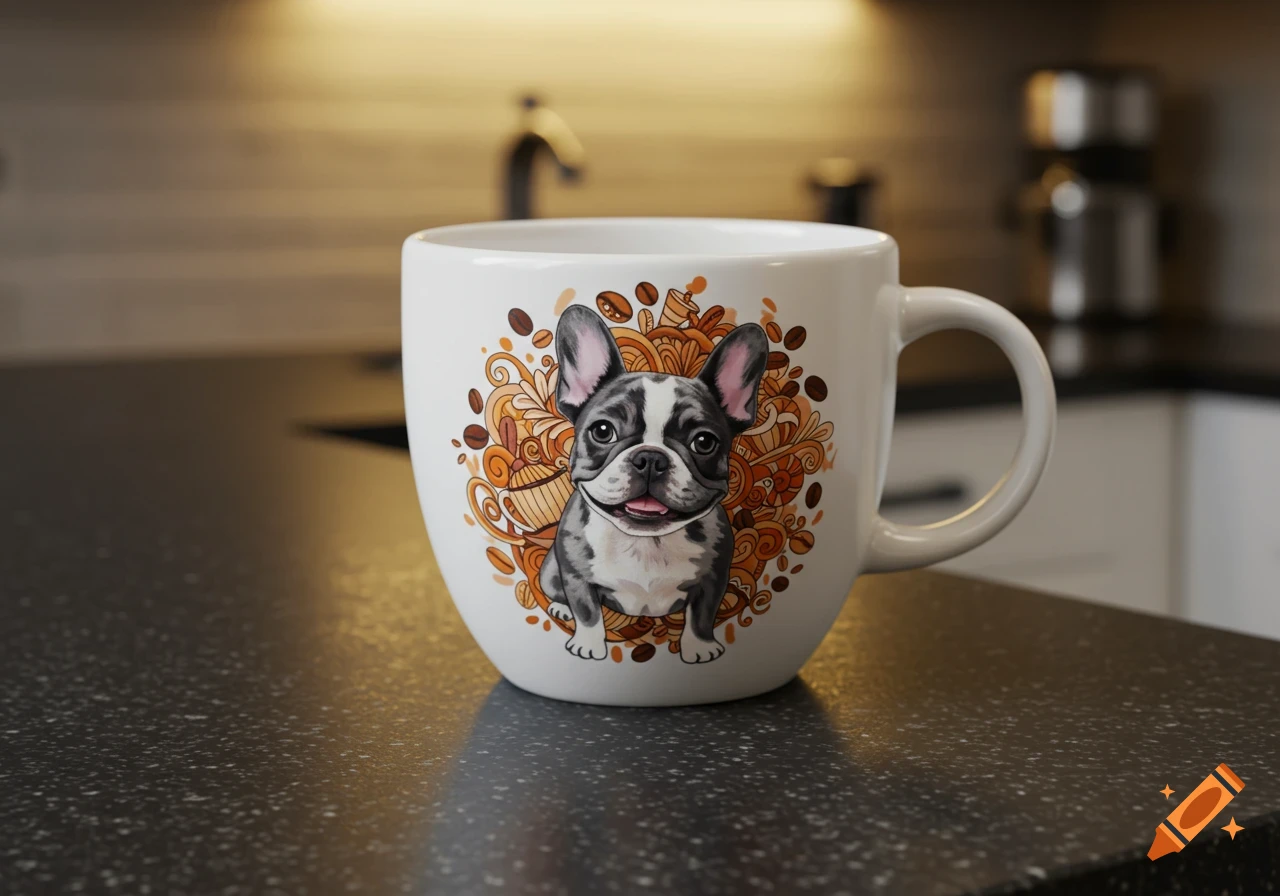 Illustration of a French bulldog on a coffee cup in a kitchen setting.