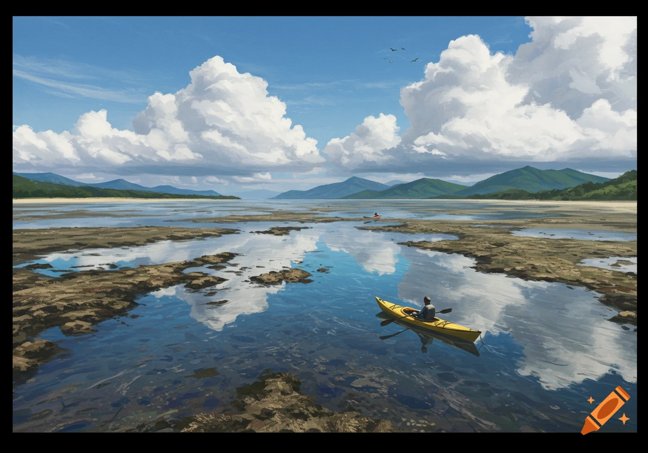 Painted landscape of a calm bay at low tide with reflections, mountains, shoreline, and a person kayaking.