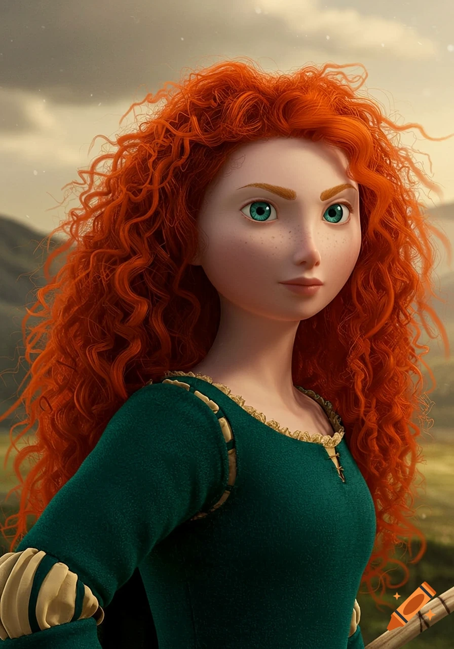 Portrait of animated character Merida from Brave with curly red hair