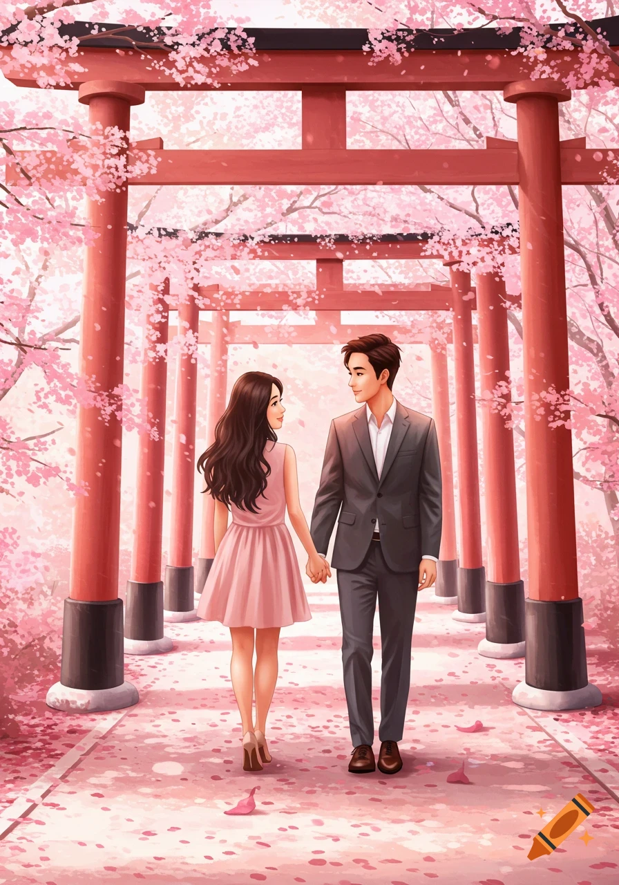 Anime style illustration of a romantic couple walking under cherry blossoms and torii gates.