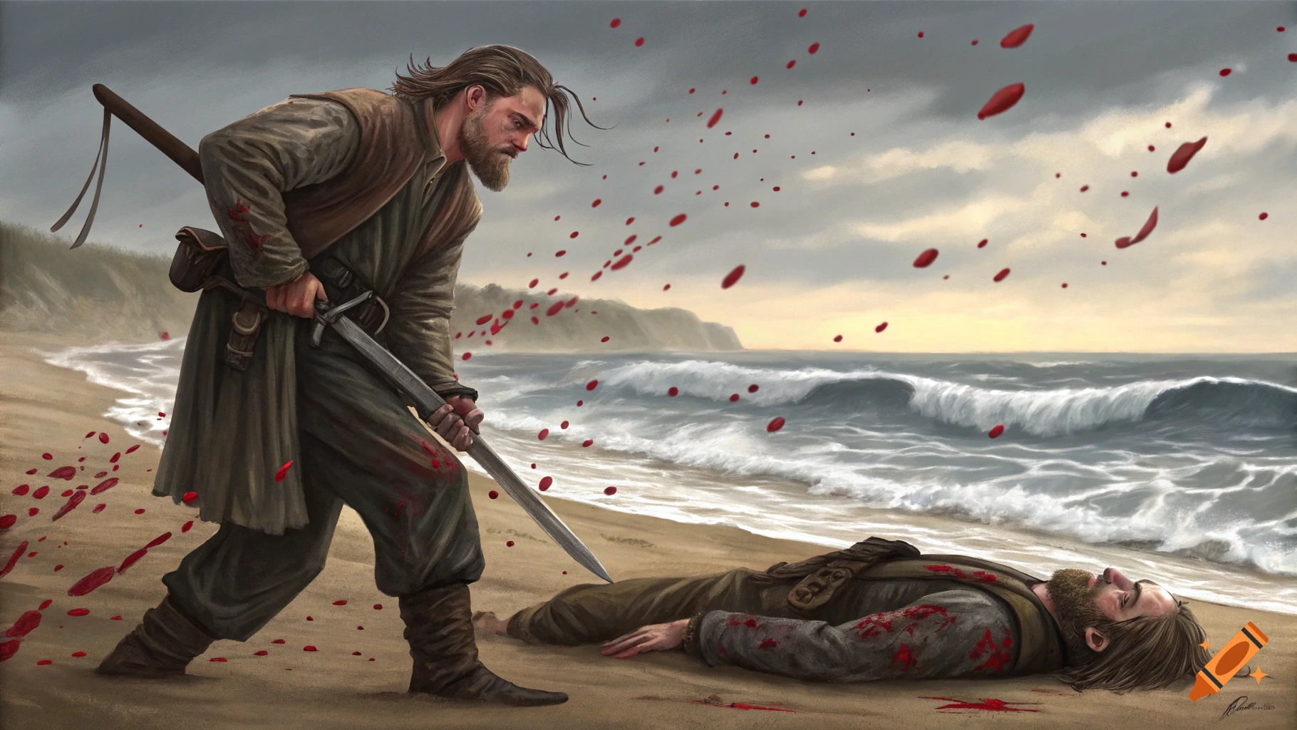 A man stands over a fallen opponent on a beach, holding a bloody sword, blood splatters around them.