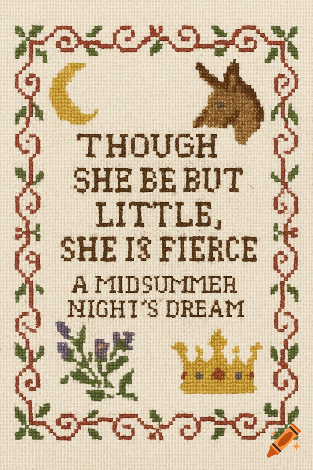 A cross stitch pattern with a quote from A Midsummer Night's Dream, a moon, horse head, flowers, and crown.
