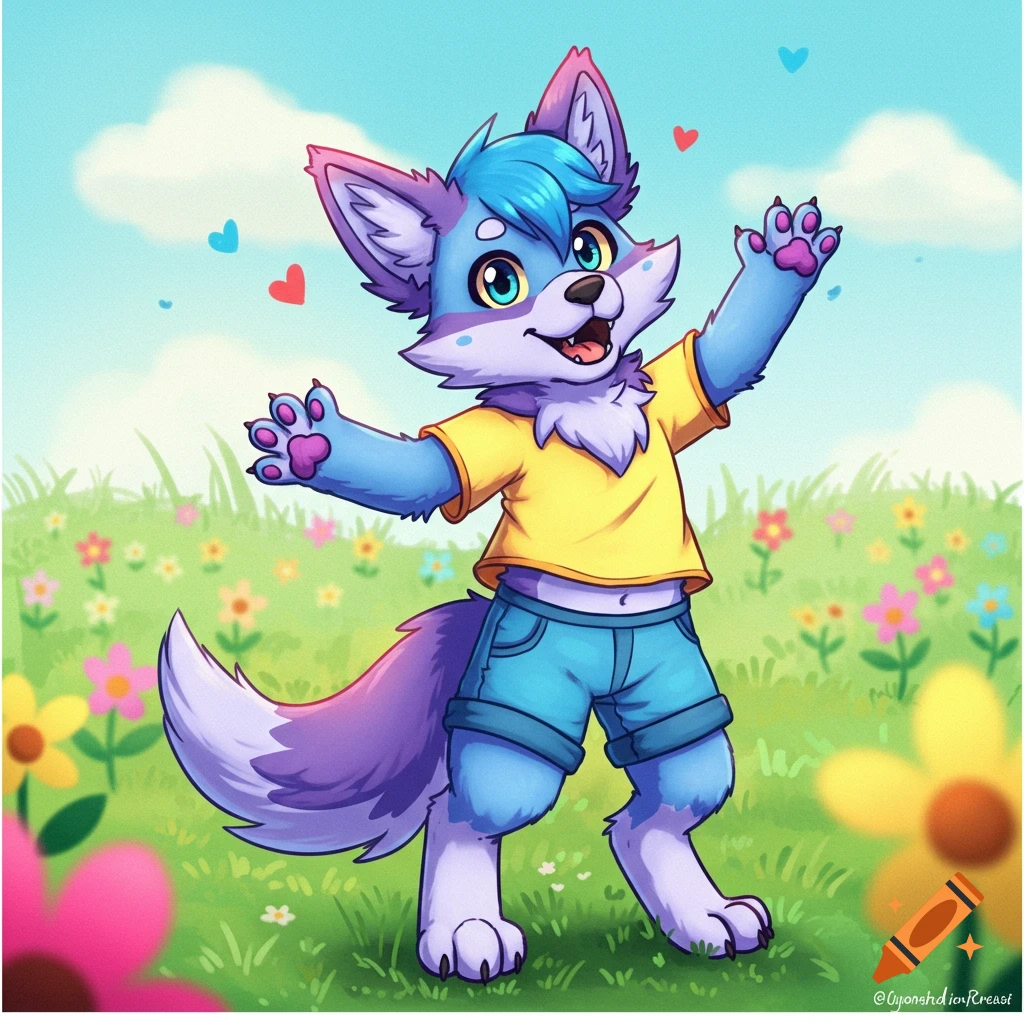 A cute cartoon furry wolf character stands in a field of flowers.