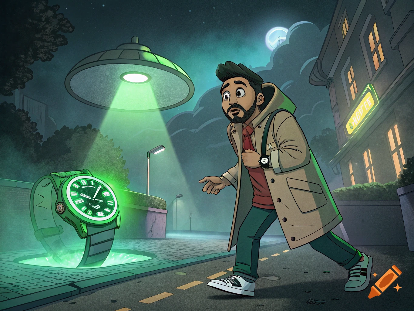 Colorful cartoon of a man looking surprised at a glowing green watch emerging from the ground under a UFO beam on a street at night.