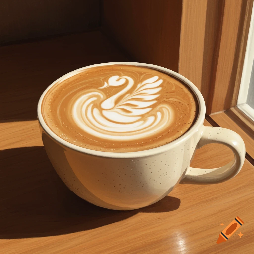 Digital painting of a ceramic latte cup with swan art in the foam, sitting on a wooden table near a window.