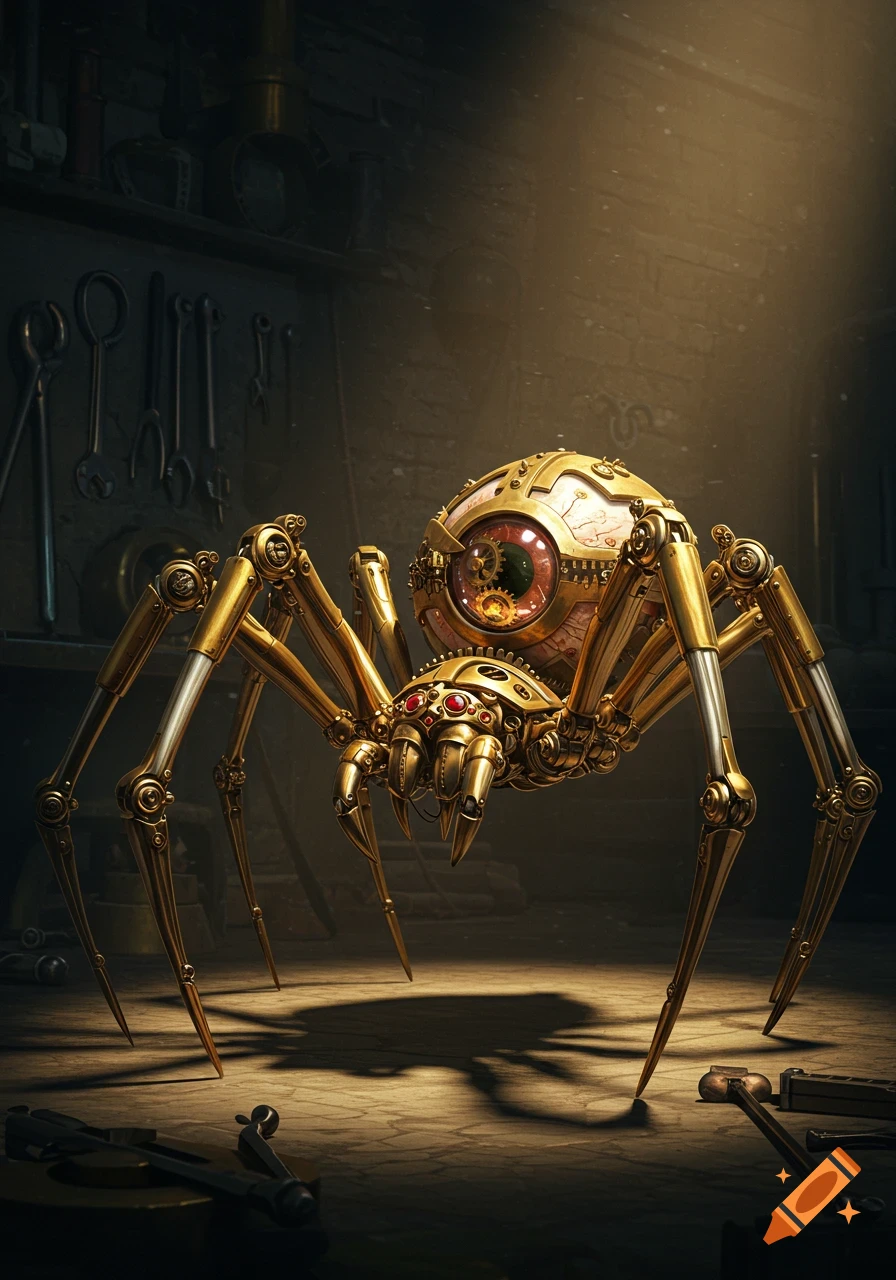 A steampunk mechanical spider with a large eye in a workshop.