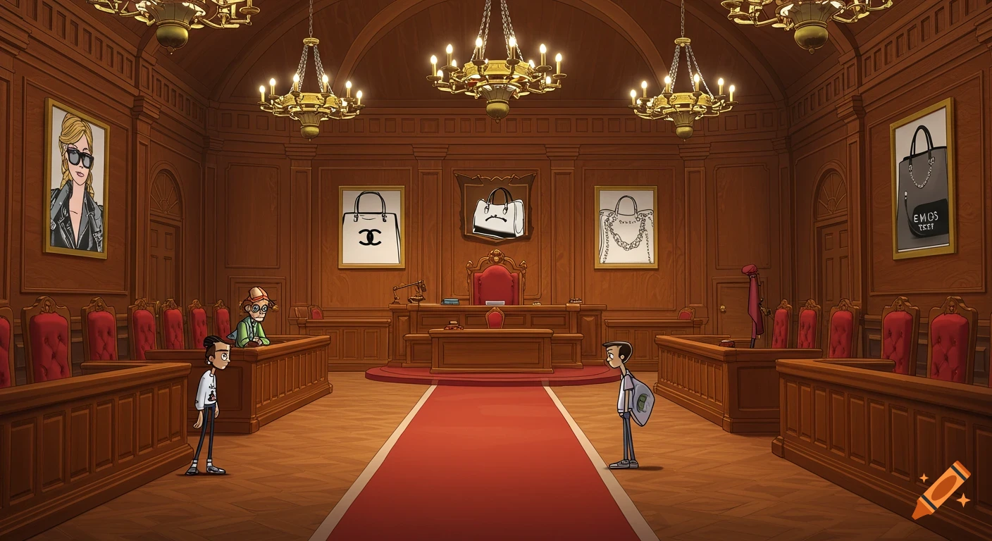 Cartoon courtroom scene with characters and fashion-themed paintings of handbags on the wall.