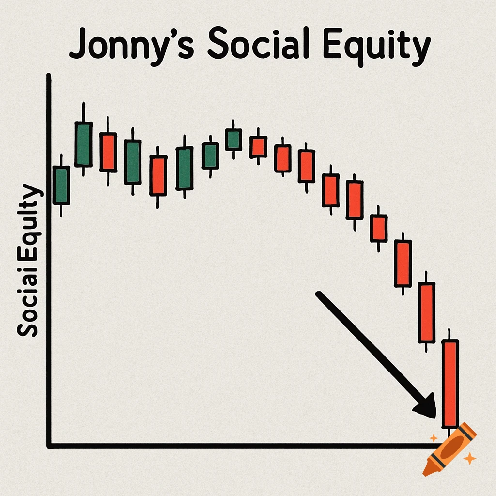 A candlestick chart titled 'Jonny's Social Equity' shows a sharp decline.