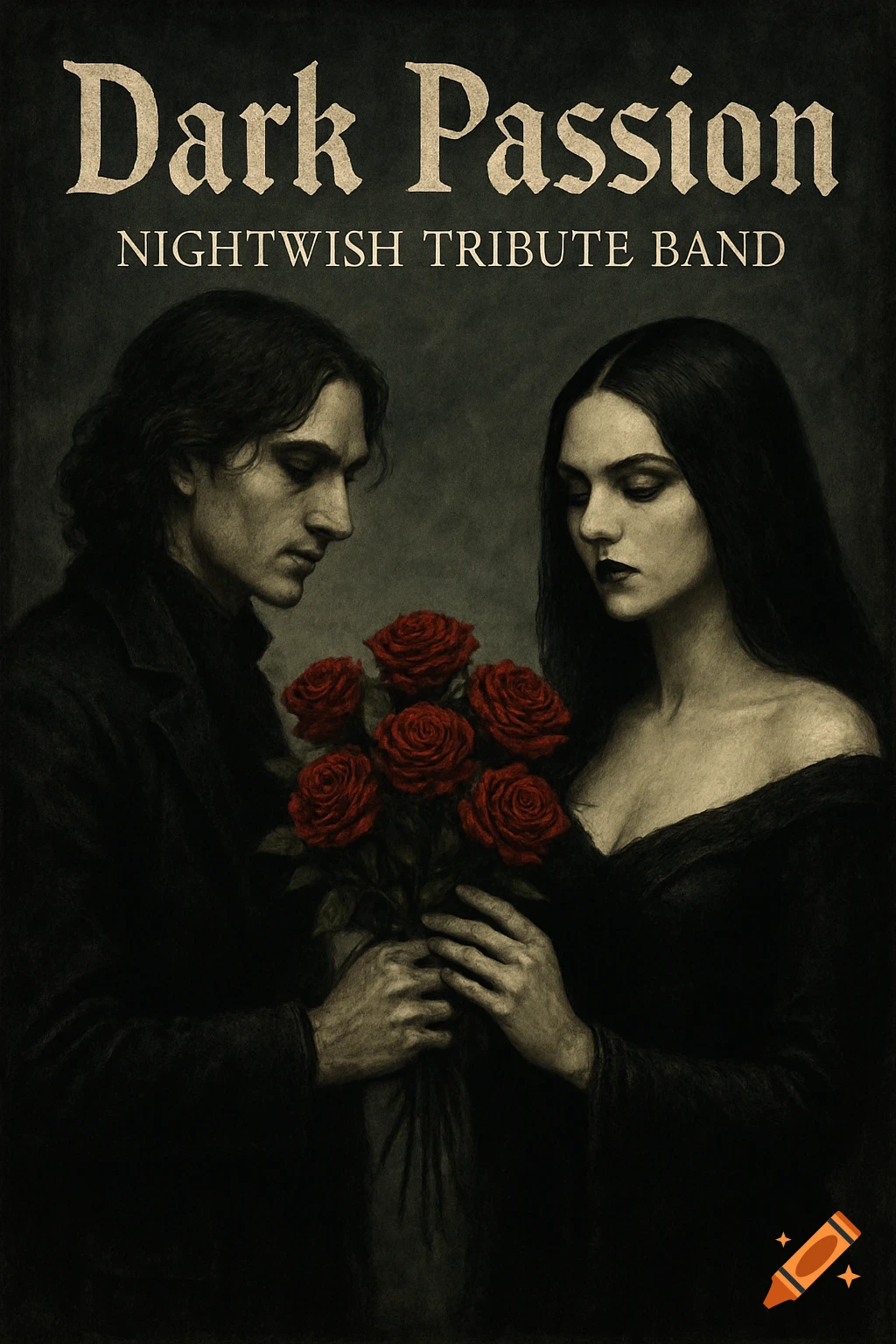 Gothic style illustration of a man giving a bouquet of red roses to a woman. Text reads 'Dark Passion' and 'Nightwish Tribute Band'.