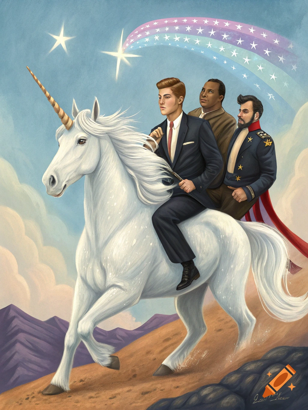 A unicorn is ridden by three historical figures under a rainbow sky above mountains.