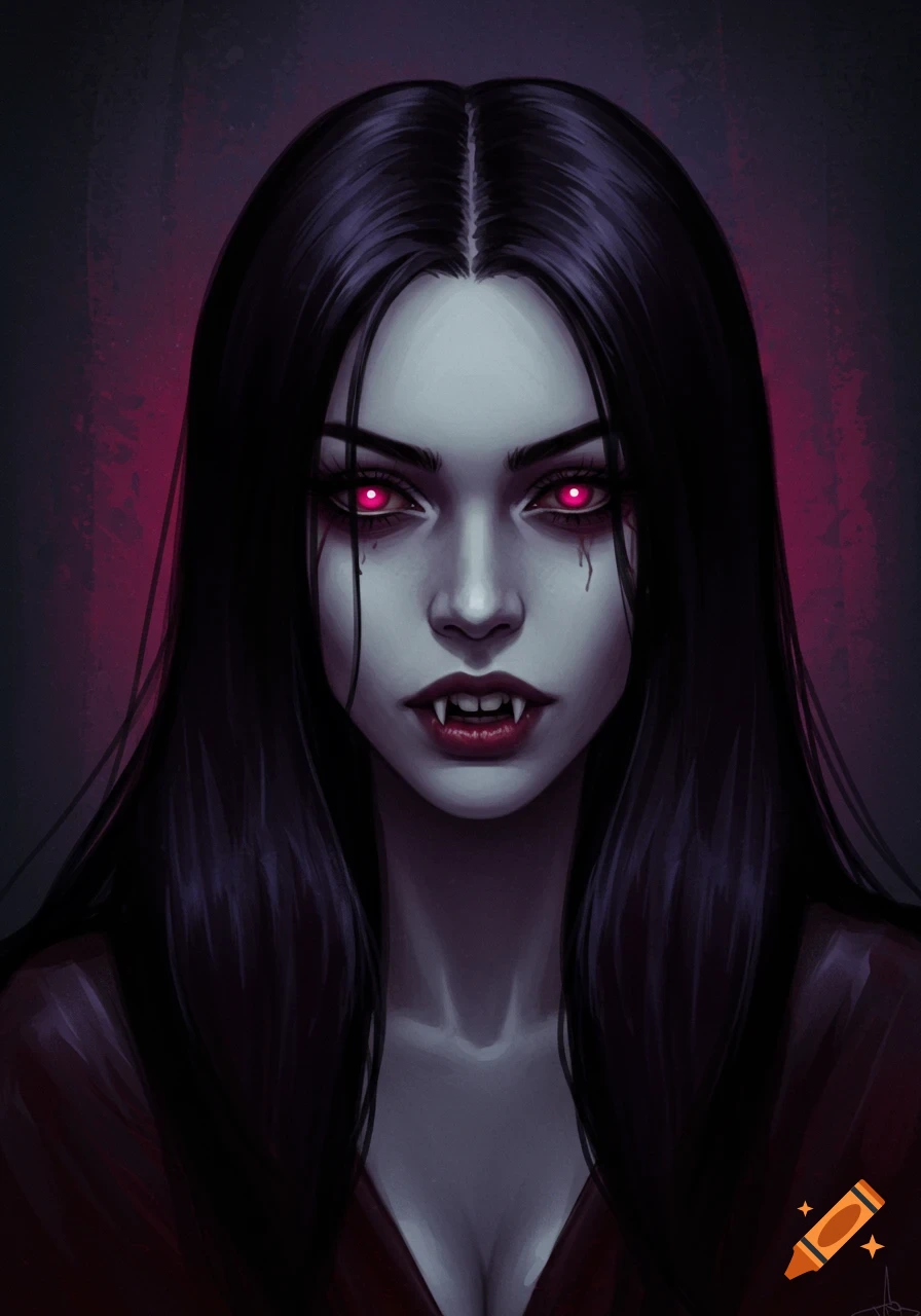 Portrait of a woman with pale skin, glowing red eyes, fangs, and dark hair