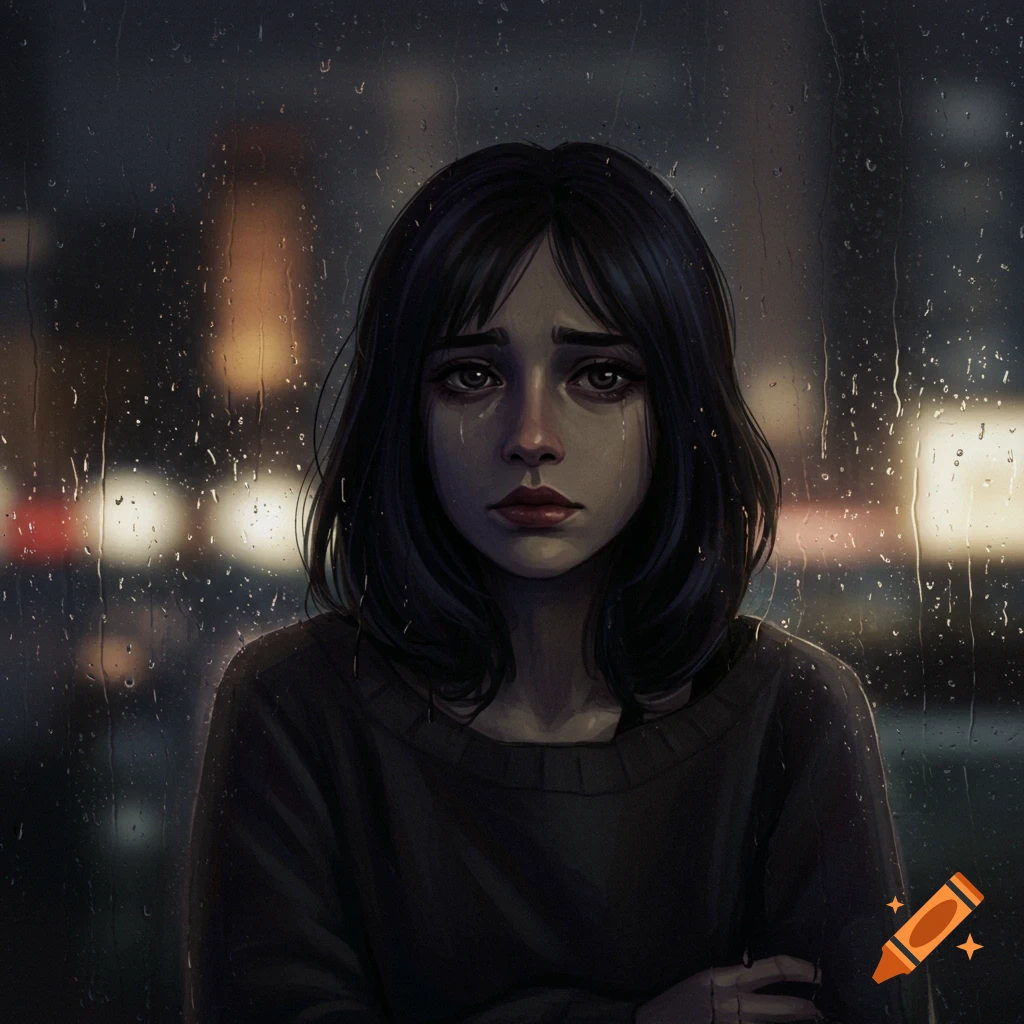 Sad woman looking through a rain-streaked window at night, digital painting style.