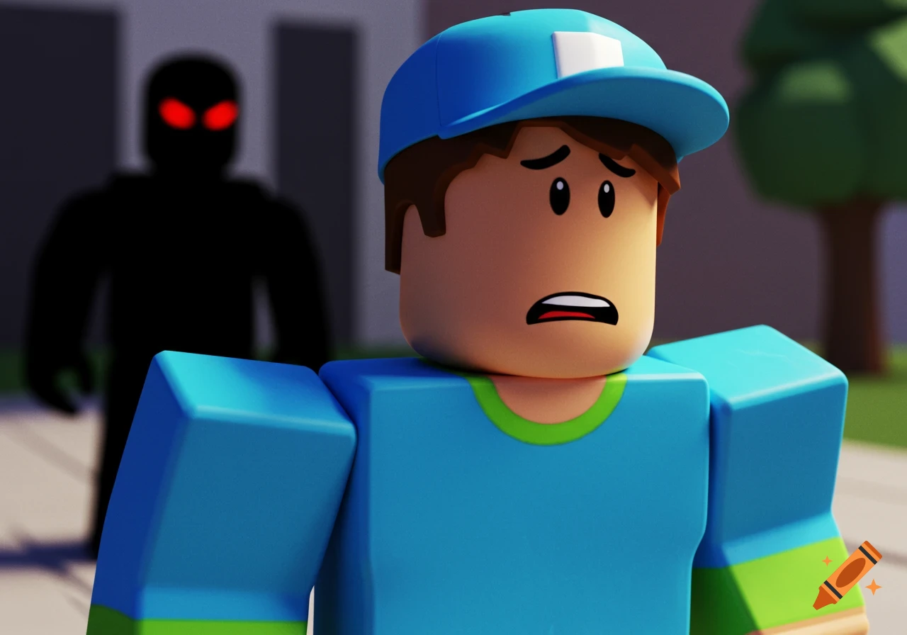 A scared Roblox character looks right with a dark figure behind them on a sidewalk.