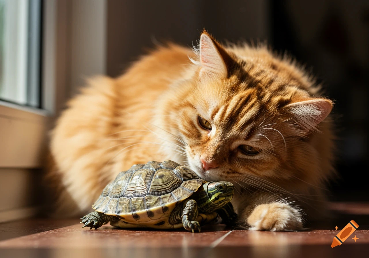 Orange tabby cat looks closely at a turtle on a table.