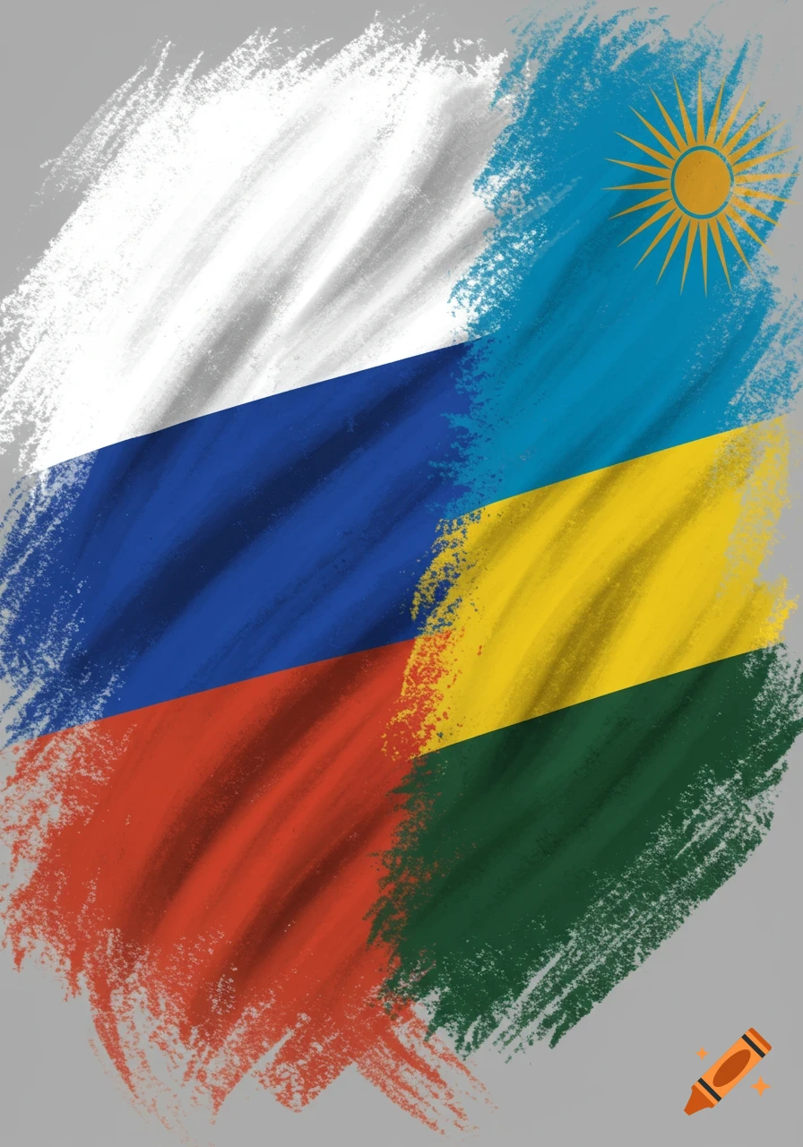 Brushstroke combination of Russian and Rwandan flags on a grey background.