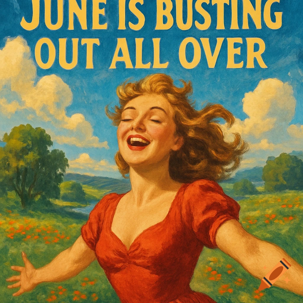 Illustration of a joyful woman in a field under text that says 'JUNE IS BUSTING OUT ALL OVER'