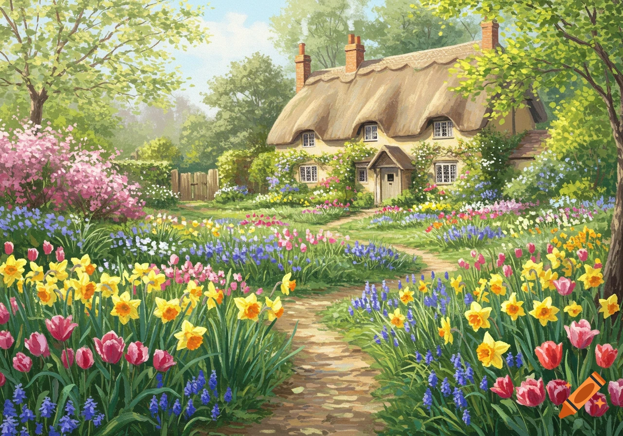 A vibrant spring garden with a path leading to a thatched roof cottage, filled with colorful tulips, daffodils, and blue flowers in a painterly style.