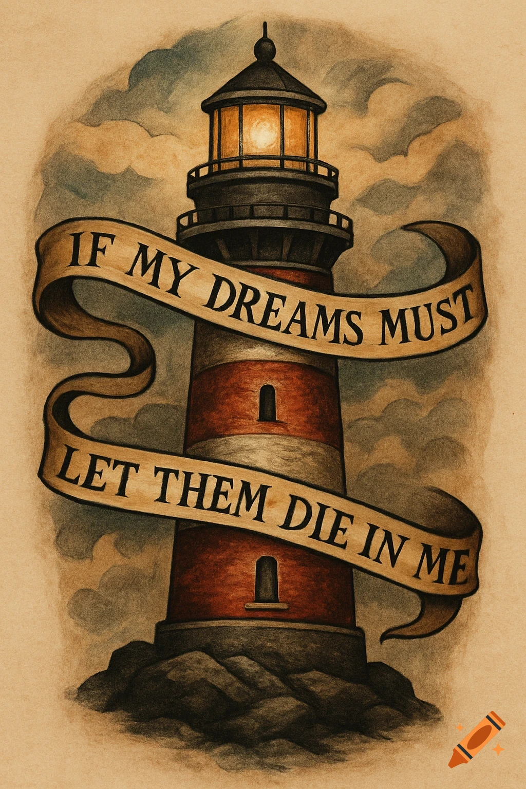 Tattoo illustration of a lighthouse with a banner reading 'IF MY DREAMS MUST LET THEM DIE IN ME'.