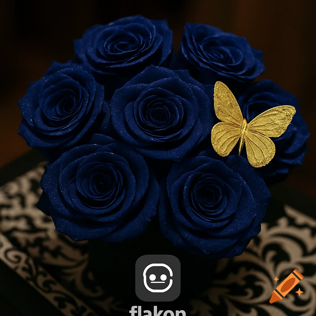 Close-up of deep blue roses with a golden butterfly resting on a petal, photorealistic style.
