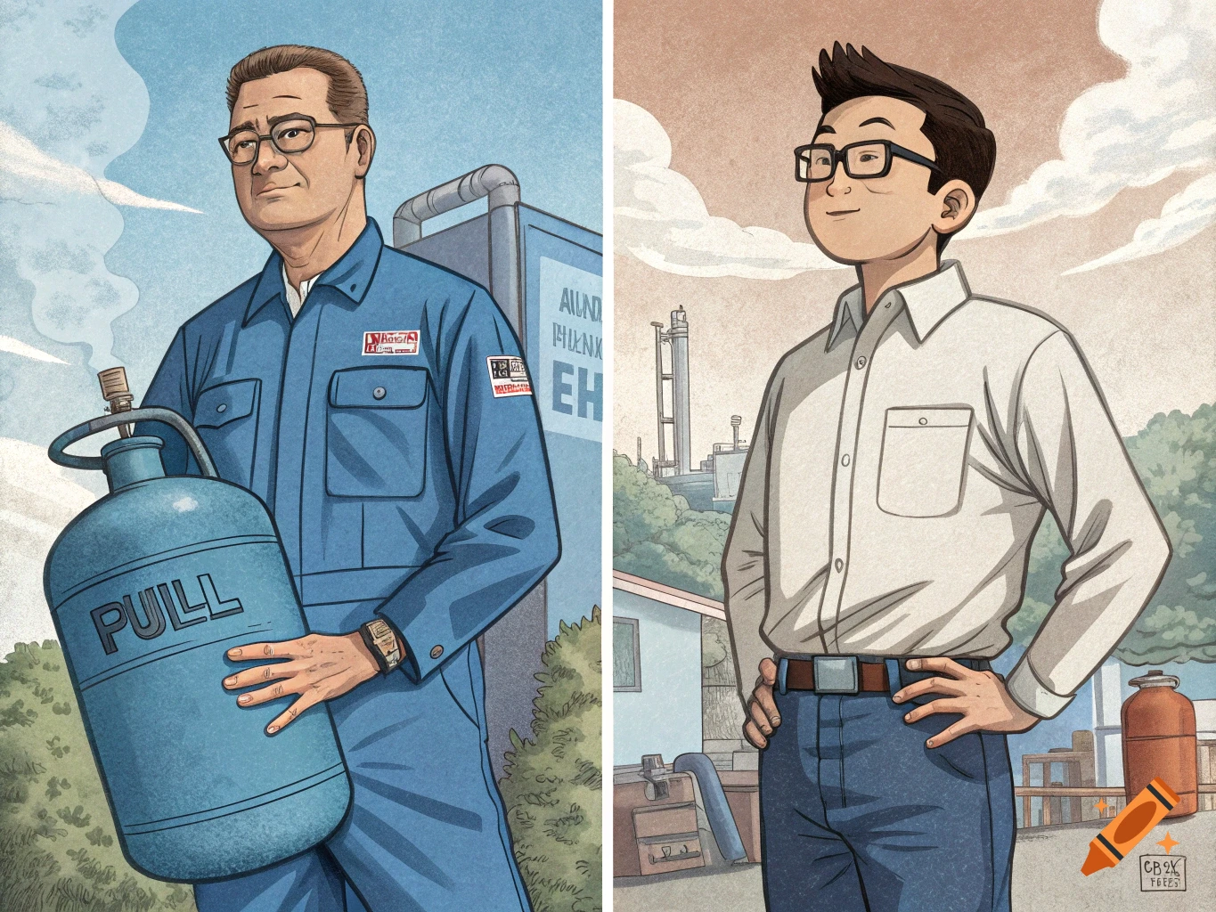Cartoon image of two men in Akira Toriyama style. One holds a tank, the other stands hands on hips.