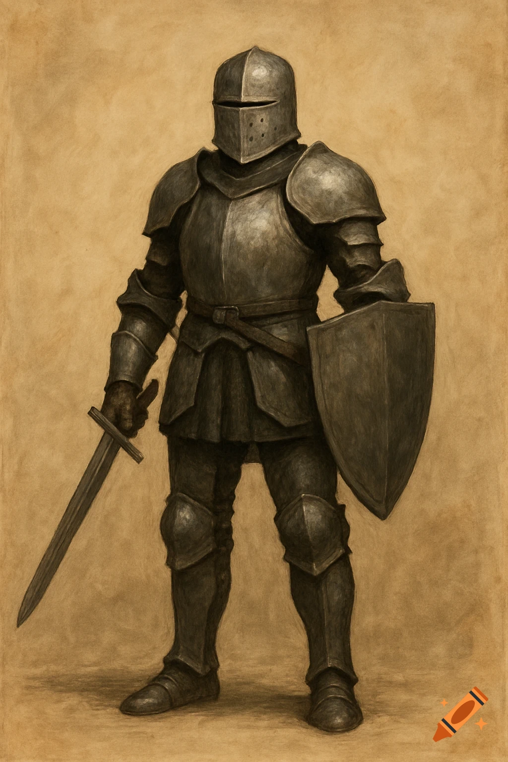 Illustration of a knight in dark armor with sword and shield on a brown background.