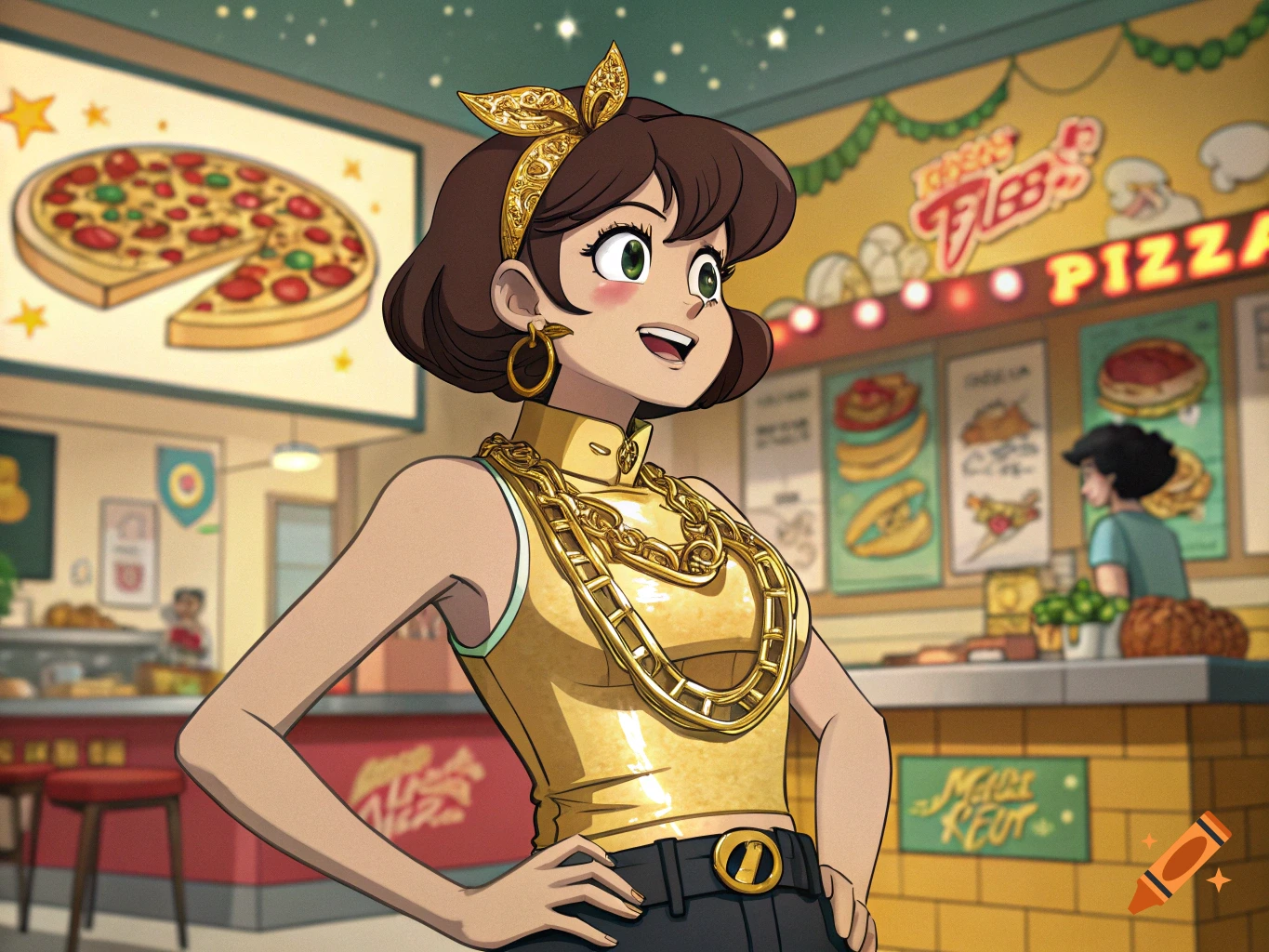 Anime-style character with gold chain and headscarf poses in a pizza parlor.