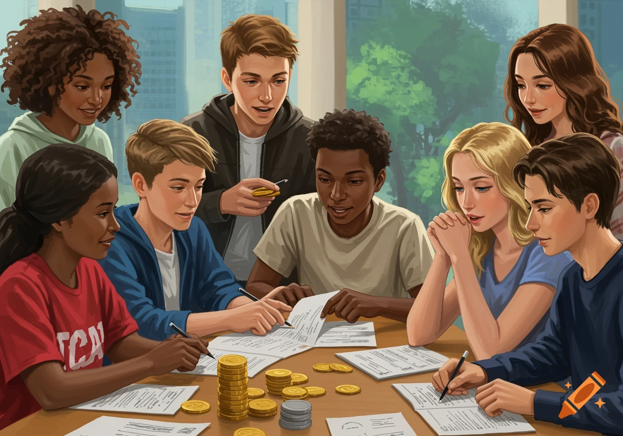 Illustration of a diverse group of teenagers studying financial literacy at a table with papers and stacks of coins.