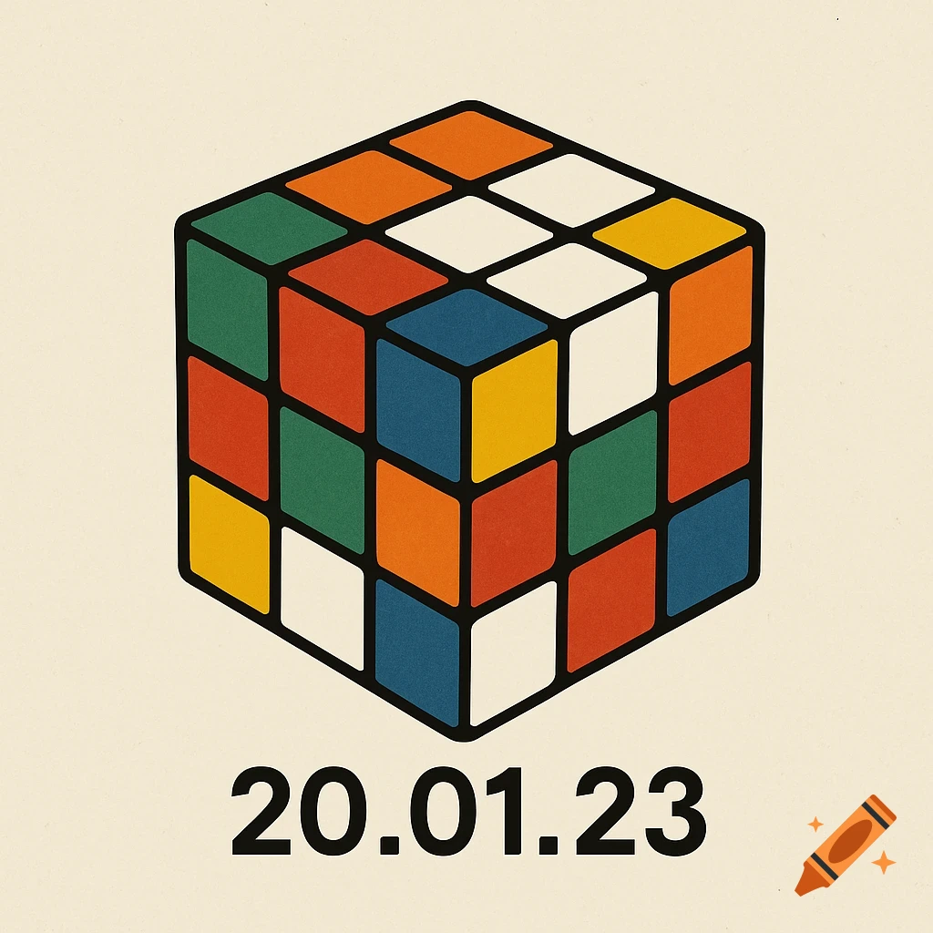 A minimalist illustration of a Rubik's Cube with the date 20.01.23 below it.