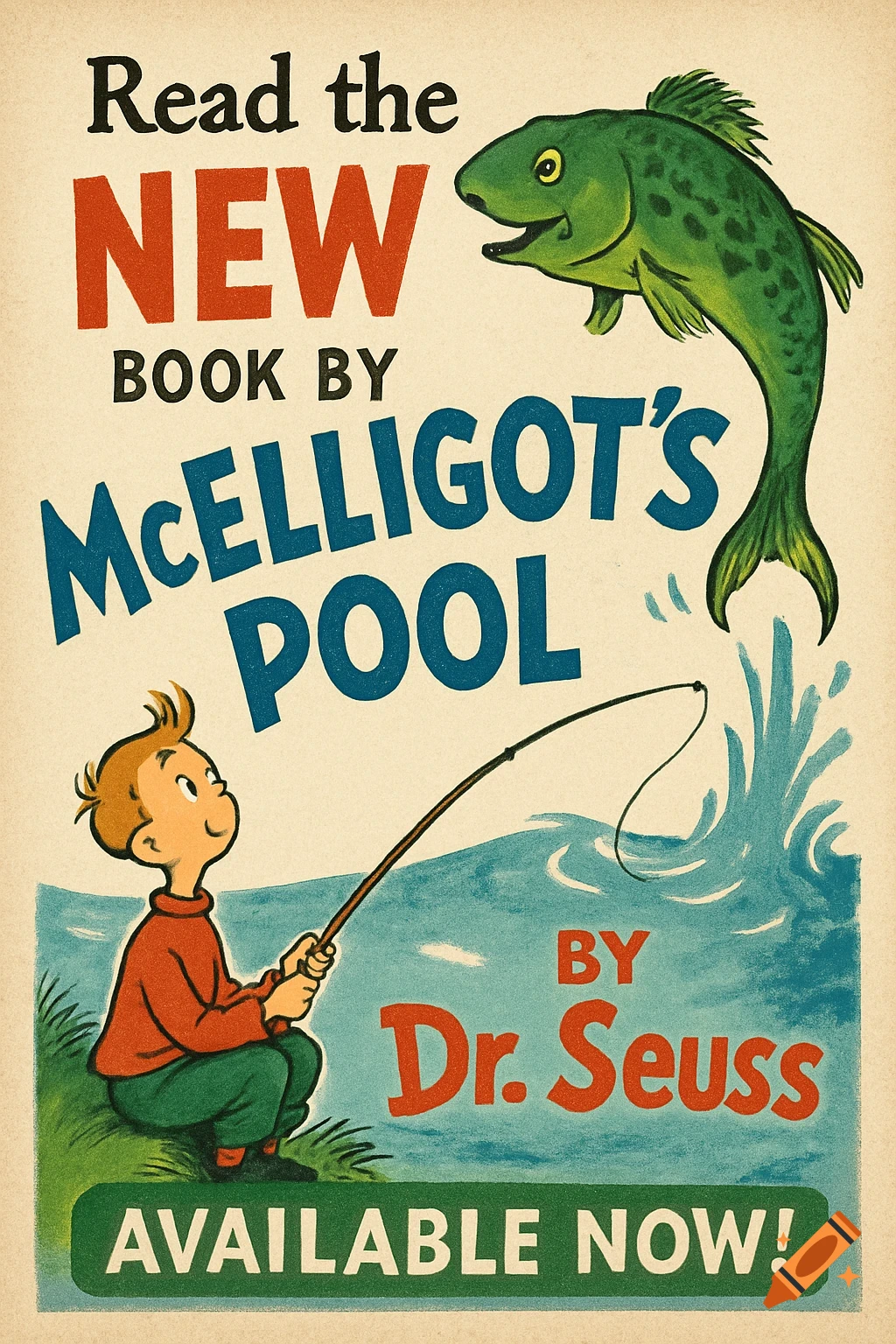 Vintage illustration advertisement for a Dr. Seuss book showing a boy fishing and a fish jumping.