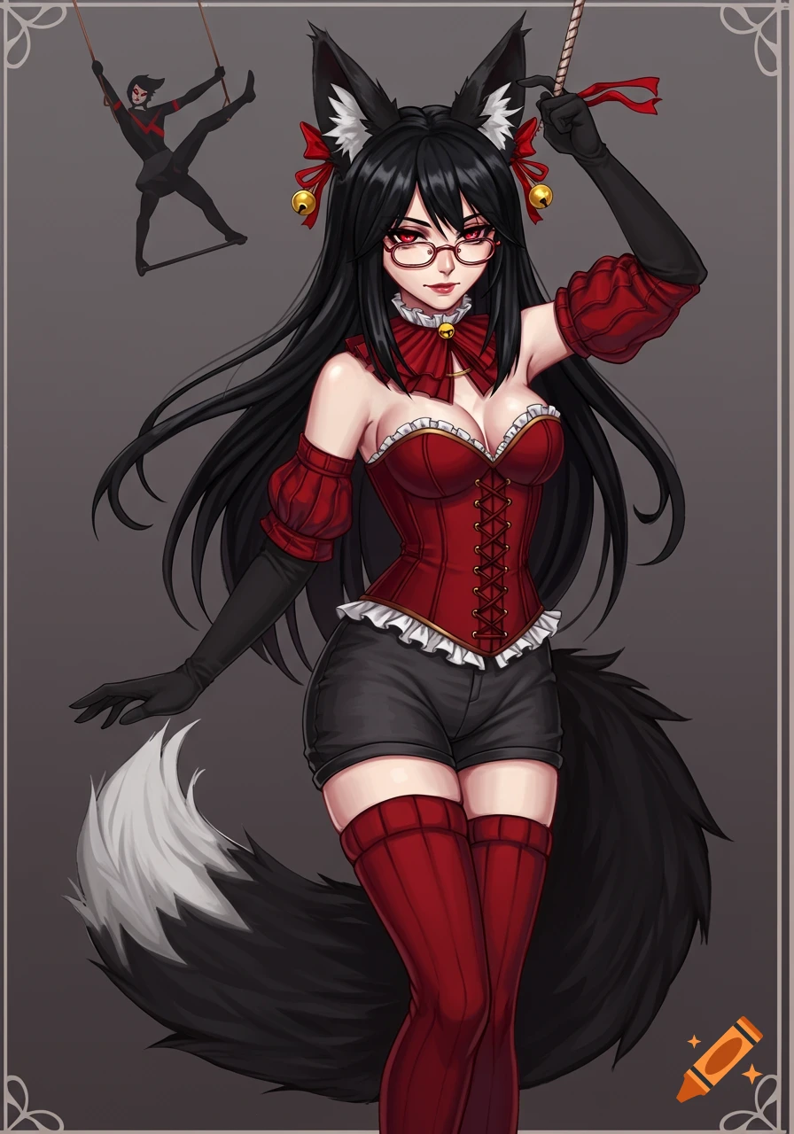 Anime woman with fox ears and tail in red corset and shorts, holding a rope in a circus with a trapeze artist.
