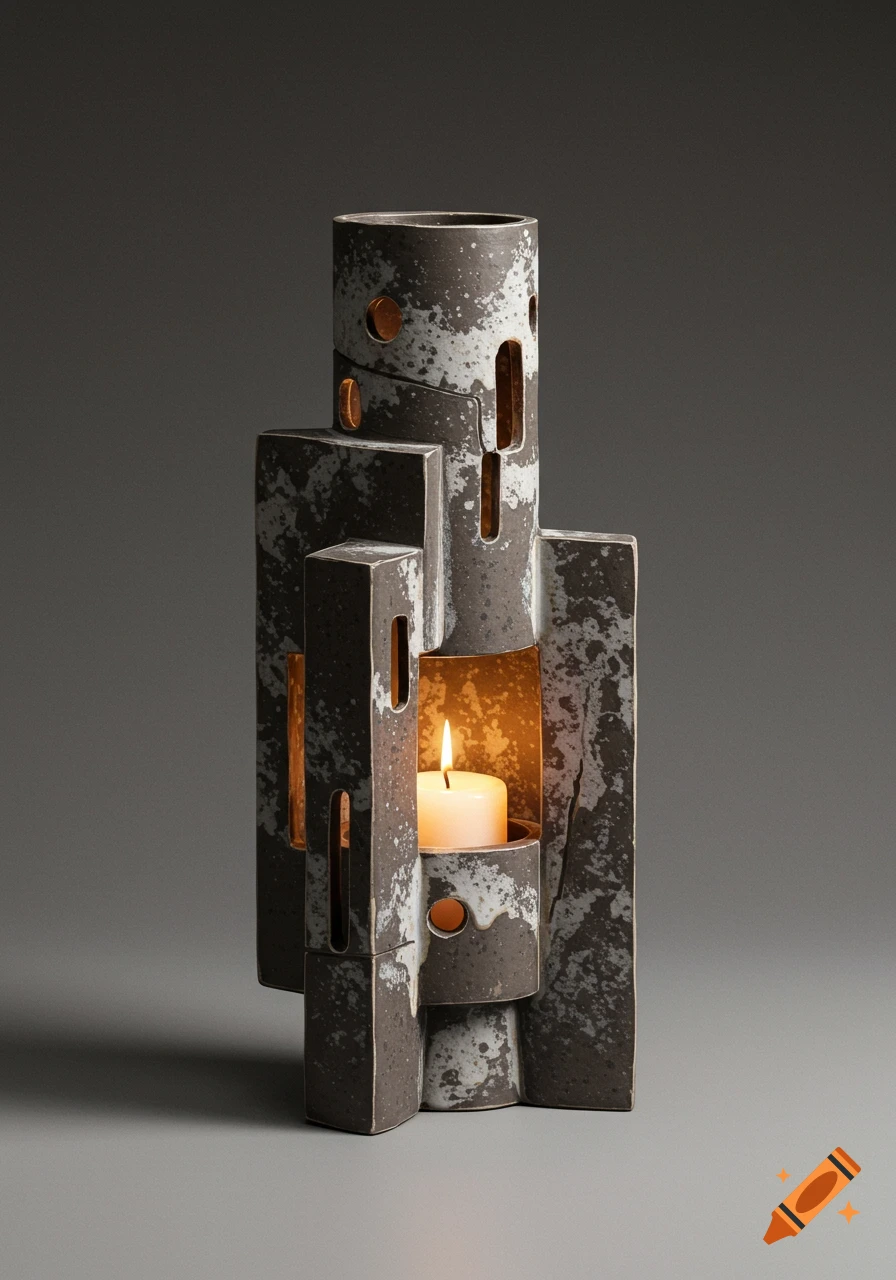 Brutalist ceramic candle holder sculpture with a lit candle inside, dark clay with white glaze.