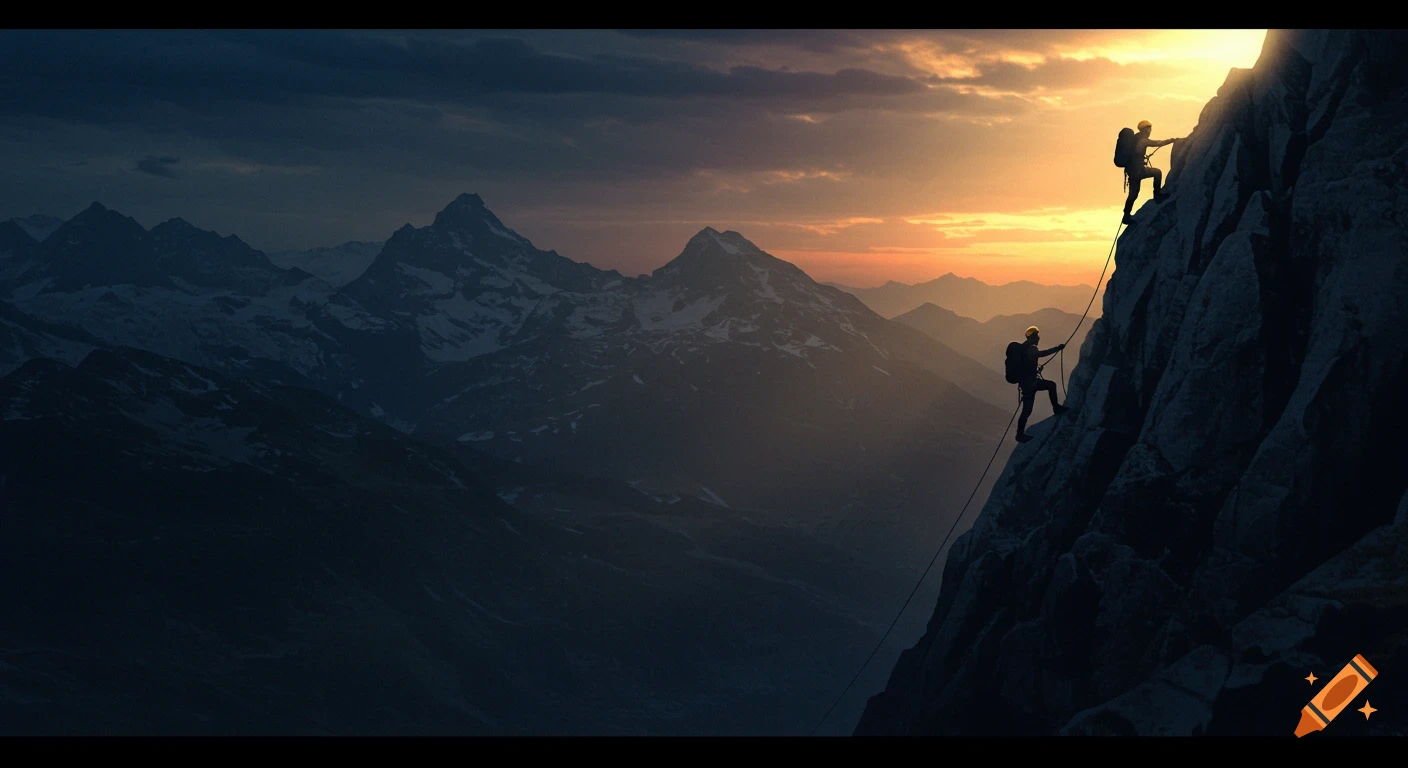 Two climbers ascend a jagged mountain face against a dramatic sunset sky.